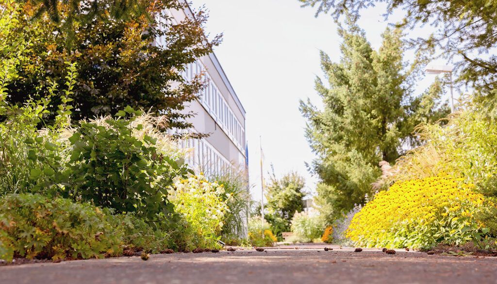 Blick auf das moderne Industriehandelspark-Gebäude in Großostheim, umrahmt von üppigem Grün und Bäumen bei hellem Tageslicht, klare Wege